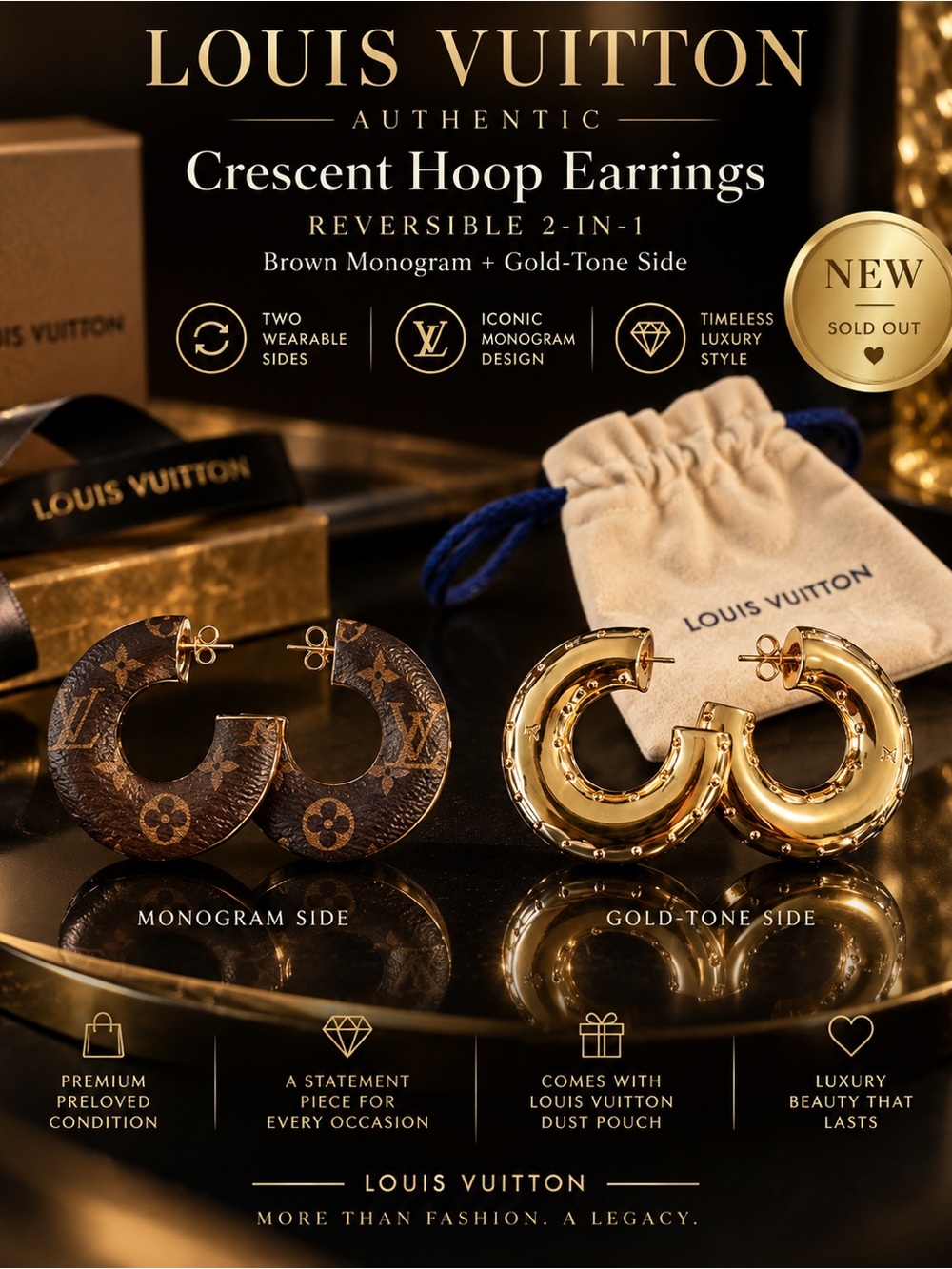 Louis Vuitton Brown Monogram Crescent Hoop Earrings